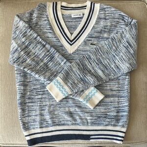 Lacoste Blue and White V-Neck Sweater with Striped Accents